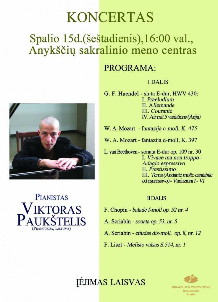Pianisto Viktoro Paukštelio koncertas Sakralinio meno centre