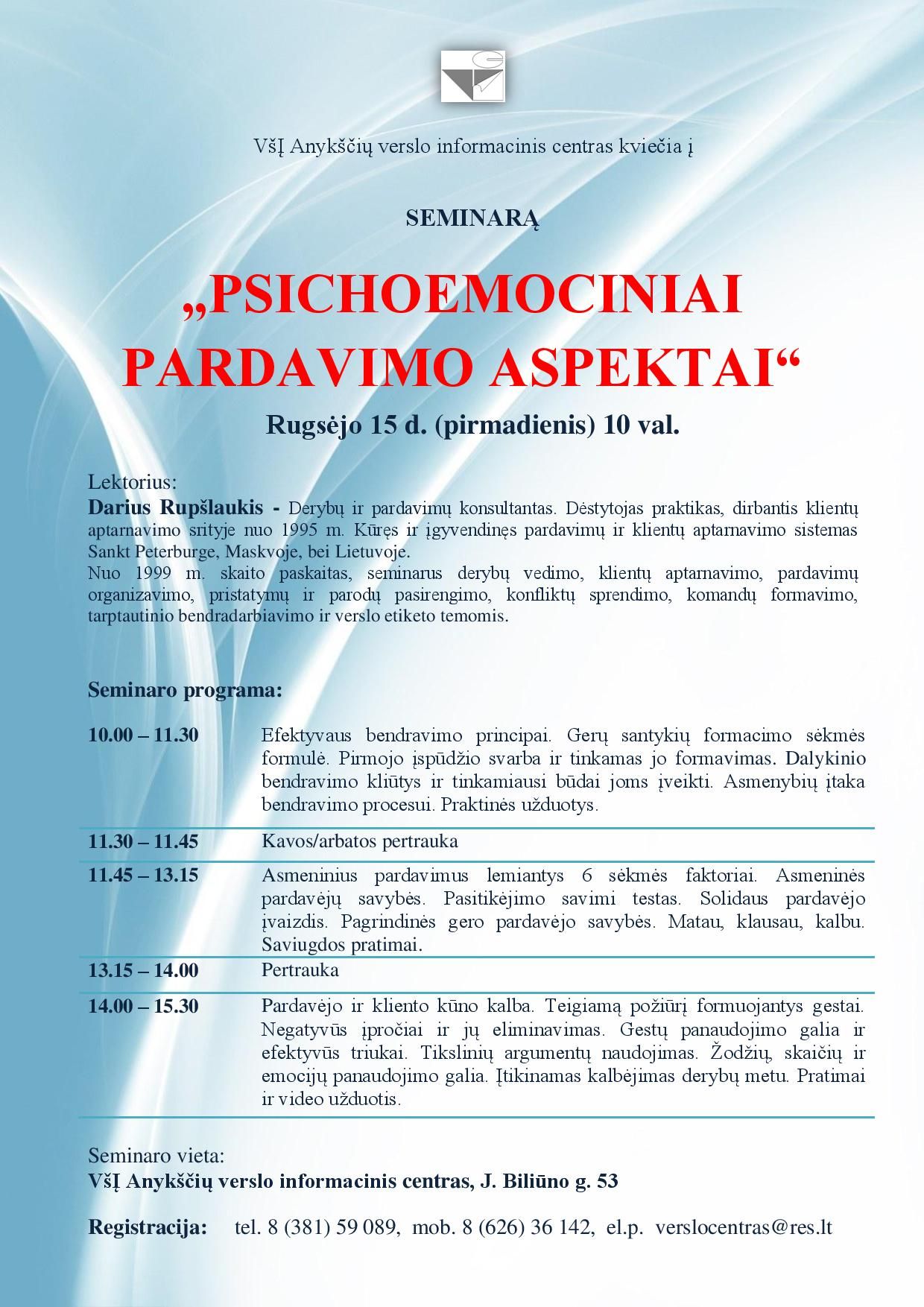 Seminaras „PSICHOEMOCINIAI PARDAVIMO ASPEKTAI“