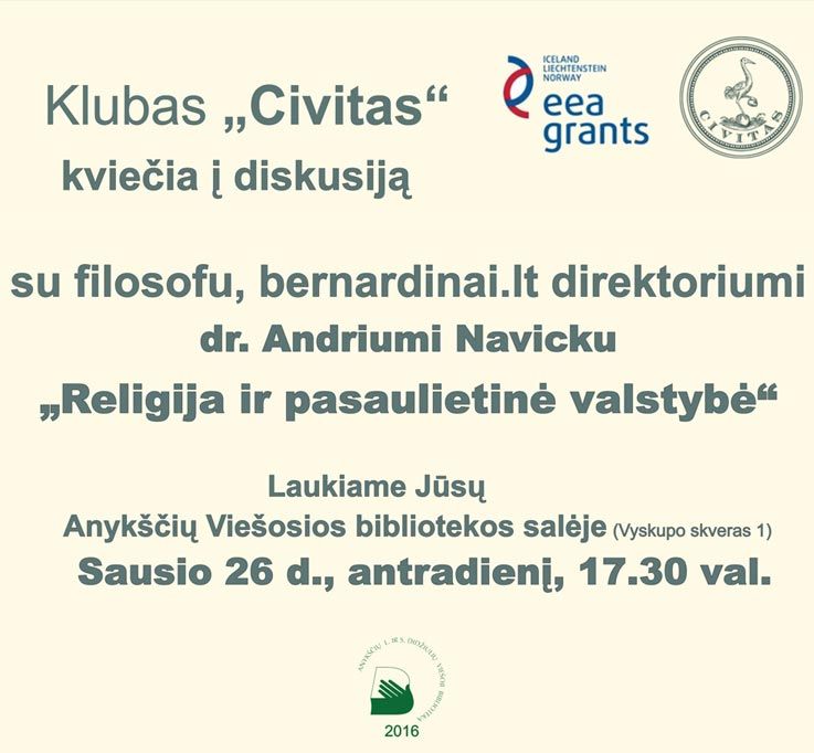 Klubas „Civitas“ - susitikimas su dr. Andriumi Navicku „Religija ir pasaulietinė valstybė“