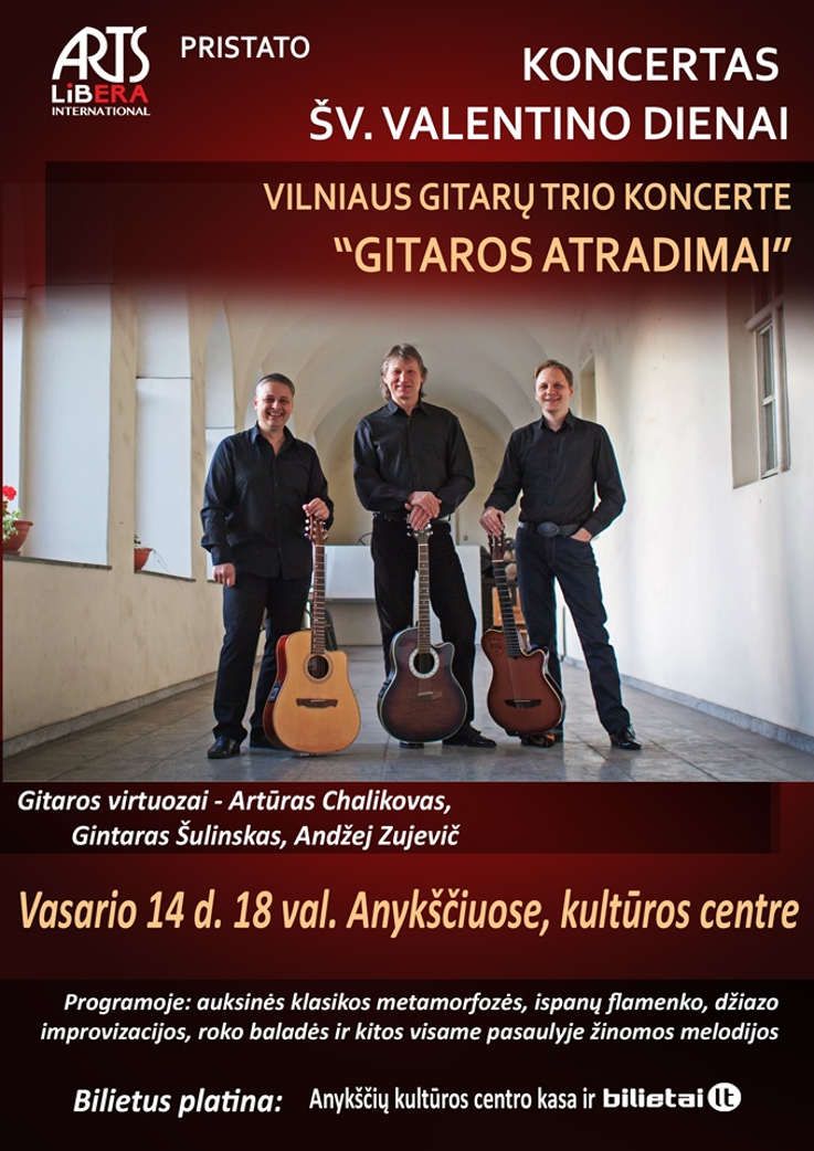 Gitaros vir­tuozai Vil­nius Gui­tar Trio kon­certe „Gitaros atradimai“