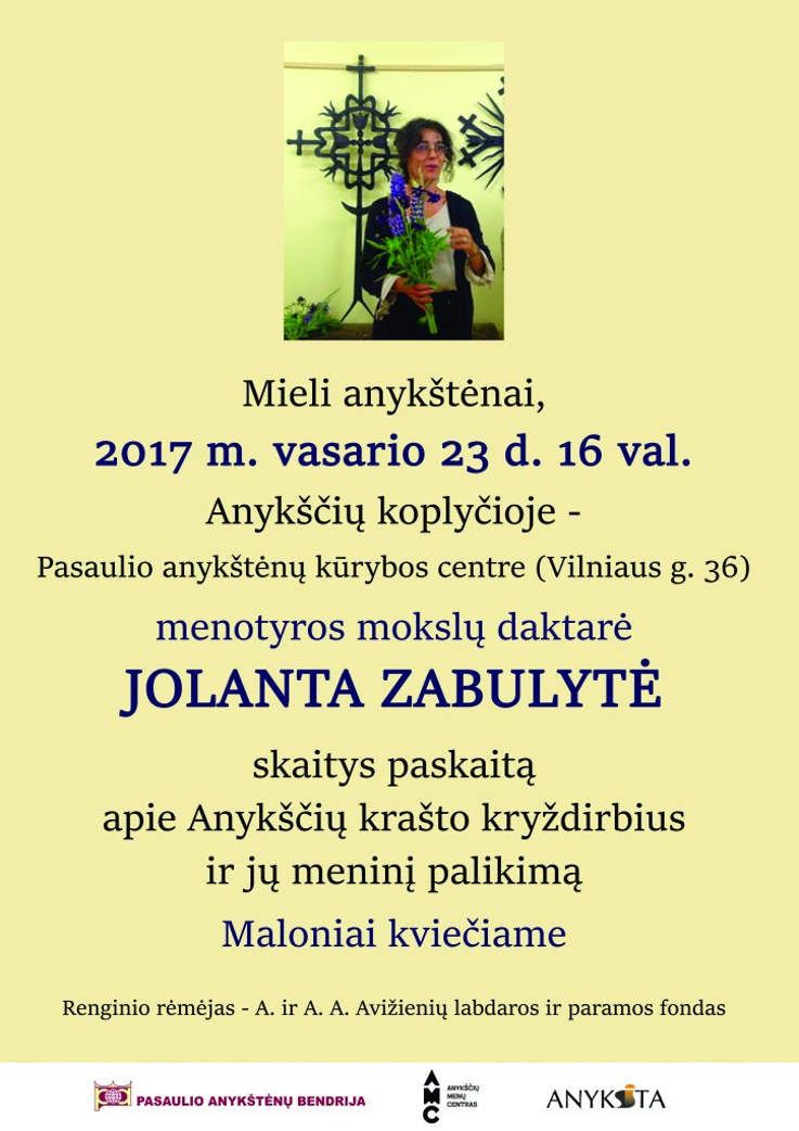 Jolantos Zabulytės paskaita apie Anykščių krašto kryždirbius ir jų meninį palikimą