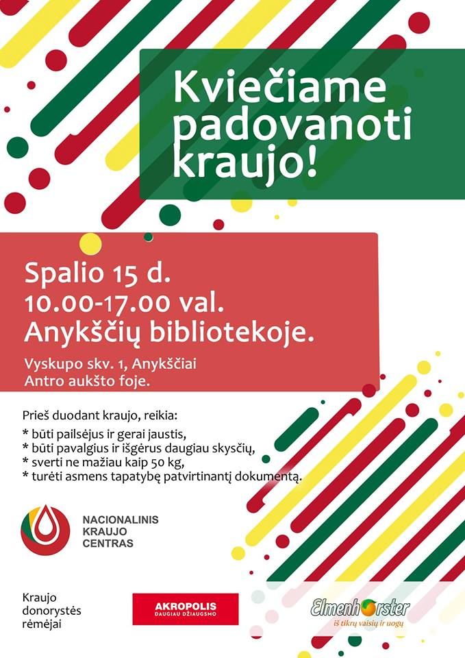 Kraujo donorystės akcija Anykščių viešojoje bibliotekoje