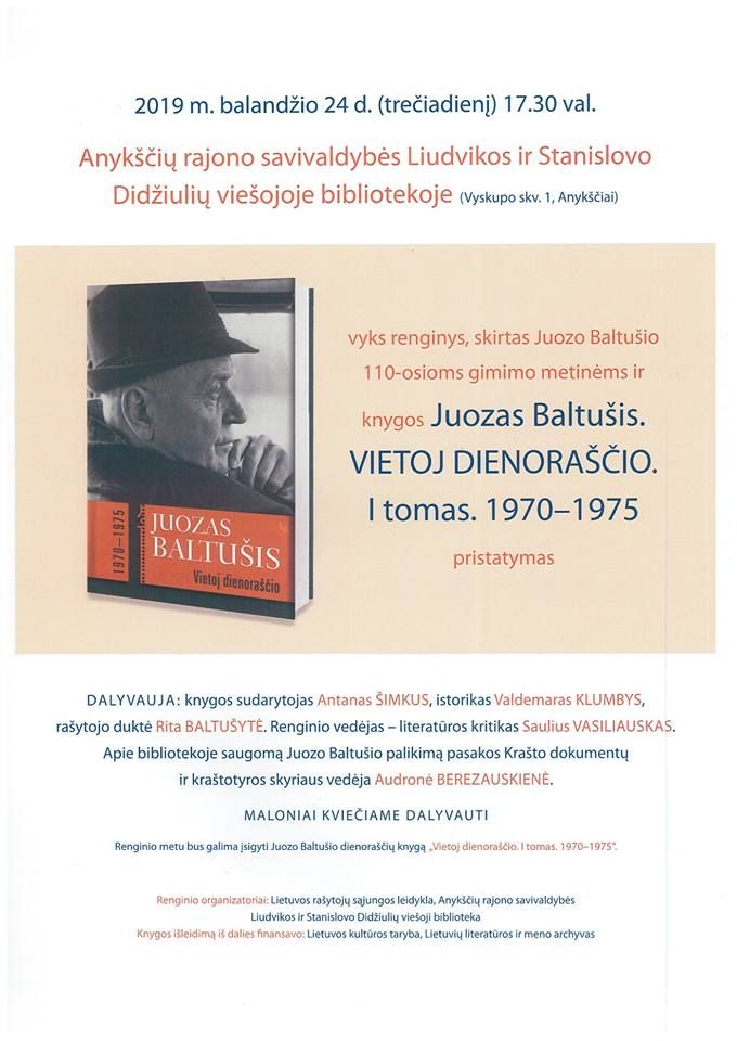 Nacionalinė bibliotekų savaitė (2019) / Juozo Baltušio dienoraščių knygos „Vietoj dienoraščio. I tomas. 1970–1975“ (sud. Antanas Šimkus) pristatymas