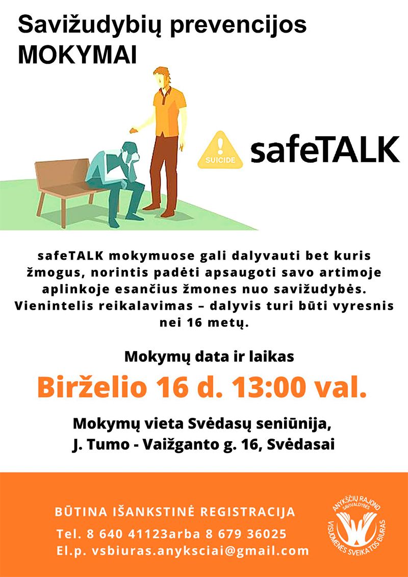 Savižudybių prevencijos mokymai „safeTALK“ (Išankstinė registracija)