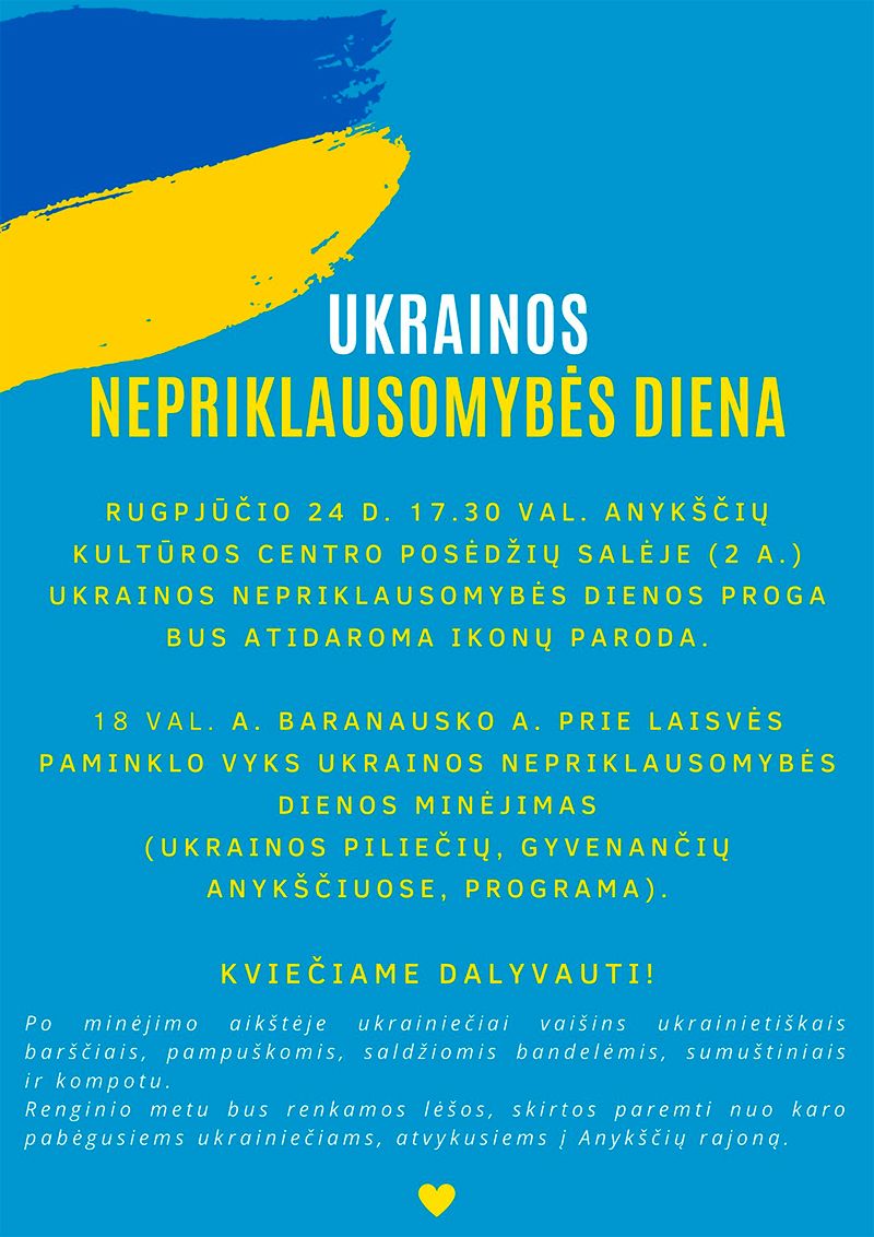 Renginiai Ukrainos nepriklausomybės dienai paminėti / Ukrainos piliečių, gyvenančių Anykščiuose, programa