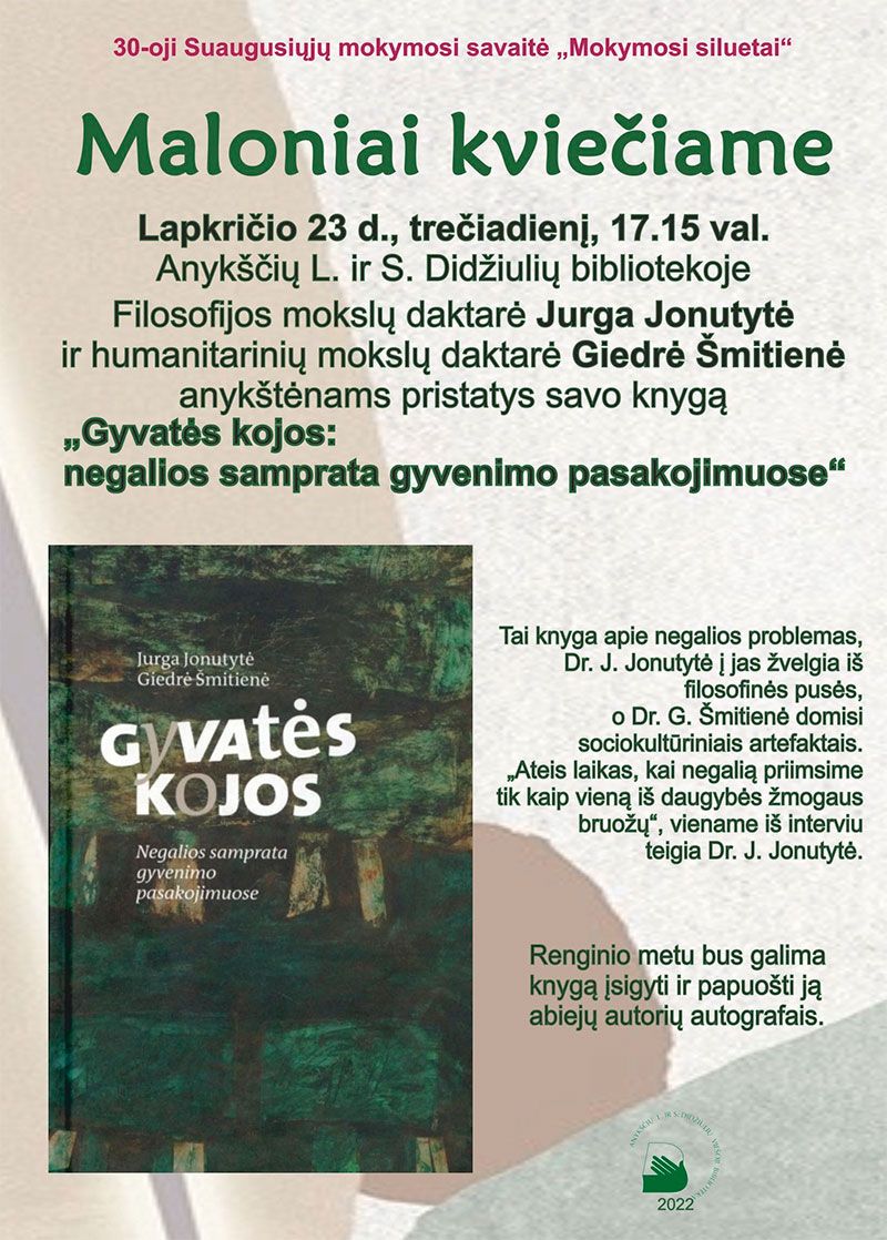 J. Jonutytės ir G. Šmitienės knygos „Gyvatės kojos: negalios samprata gyvenimo pasakojimuose“ pristatymas