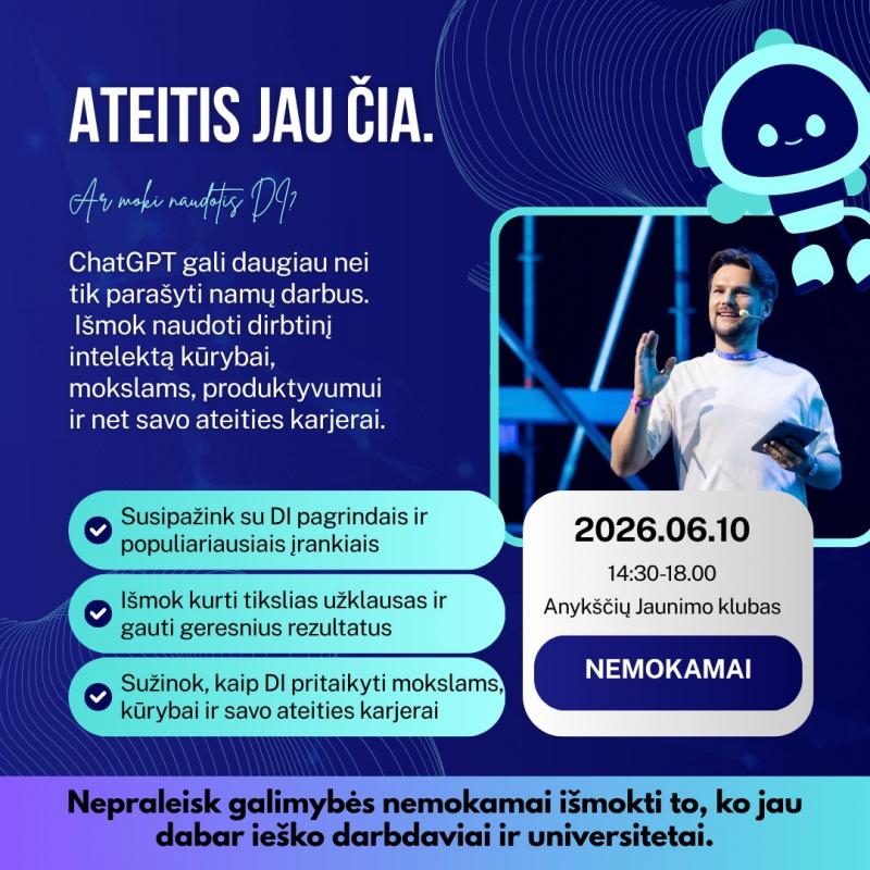 Praktiniai dirbtinio intelekto mokymai jaunimui nuo 14 iki 19 metų.