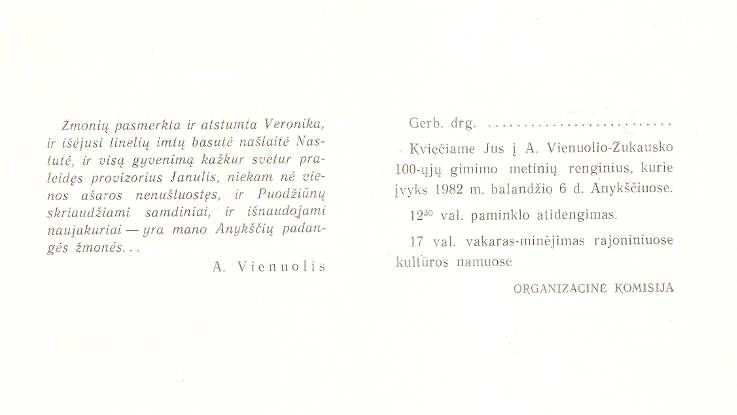 A. Vienuolio-Žukausko 100-ųjų gimimo metinių minėjimas - paminklo atidengimas