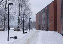 Anykščių viešoji biblioteka, tolumoje - A. Vienuolio skulptūra